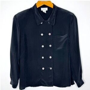 Vintage Christian Dior Double Breasted Silk Blouse Black‎